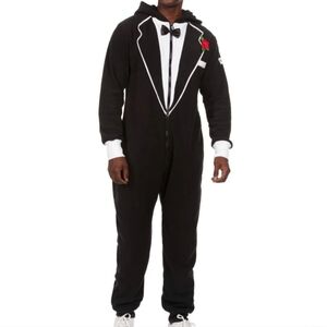 Tipsy Elves Black Tuxedo Jumpsuit with White Trim and Red Rose